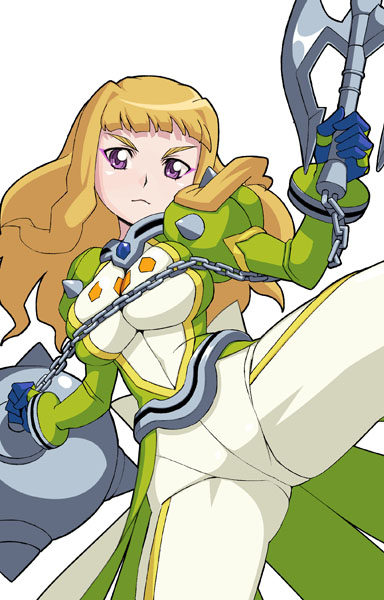 caryo, nanashino, haruka armitage, my-otome, 00s, 1girl, axe, blonde hair, bodysuit, breast press, breasts, chain, female focus, frown, large breasts, long hair, purple eyes, simple background, solo, weapon, white background