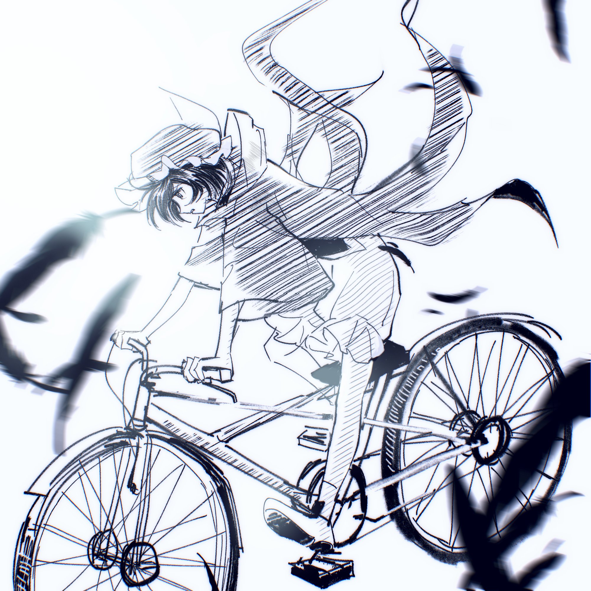 shitodo kuroji, len'en, chinese commentary, commentary, english commentary, highres, mixed-language commentary, multilingual commentary, 1other, androgynous, ankle socks, baggy shorts, bicycle, boots, clenched teeth, coattails, collared shirt, determined, feathers, floating clothes, frilled headwear, frilled shorts, frills, from side, full body, greyscale, hat, high collar, hood, hood down, hooded jacket, jacket, long sleeves, looking ahead, mob cap, monochrome, open clothes, open jacket, other focus, pointy nose, riding, riding bicycle, shirt, short hair, shorts, simple background, socks, solo, teeth, triangular headpiece, white background, wide sleeves, yancao (pixiv 103434280)