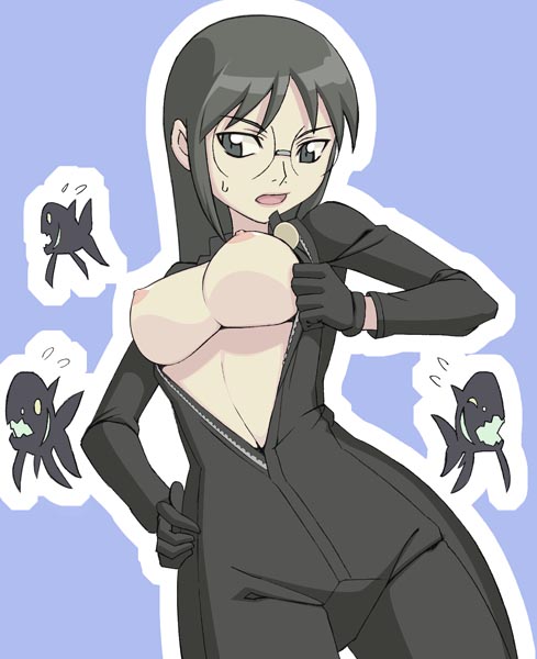caryo, nanashino, harakawa tamako, dennou coil, 00s, 1girl, animal, biker clothes, bikesuit, black hair, bodysuit, breasts, brown eyes, female focus, fish, glasses, gloves, jumpsuit, long hair, medium breasts, nipples, open bodysuit, open clothes, pale skin, solo