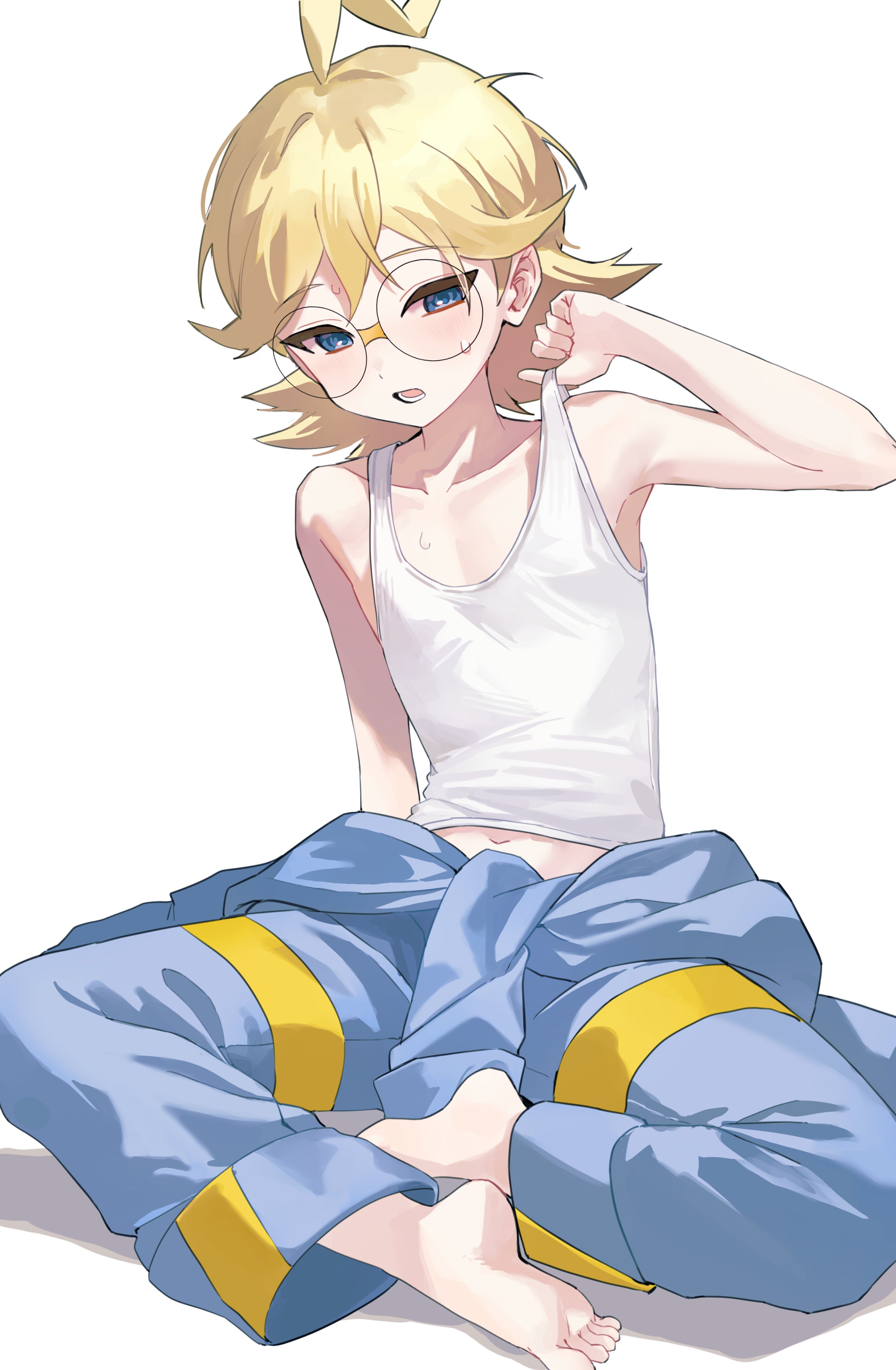 pokesudal, clemont (pokemon), nintendo, pokemon, pokemon xy, absurdres, commentary request, highres, korean commentary, 1boy, ahoge, barefoot, blonde hair, blue eyes, blue jumpsuit, glasses, hand up, jumpsuit, jumpsuit around waist, lower teeth only, male focus, medium hair, navel, open mouth, round eyewear, shirt, sitting, sleeveless, sleeveless shirt, solo, strap lift, sweat, teeth, toes, white background, white shirt