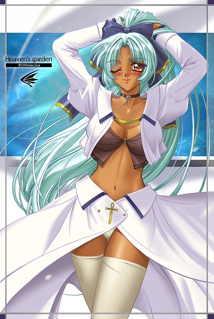 r1, character request, 1girl, blue hair, blush, breasts, dark-skinned female, dark skin, female focus, medium breasts, midriff, panties, solo, thighhighs, underwear