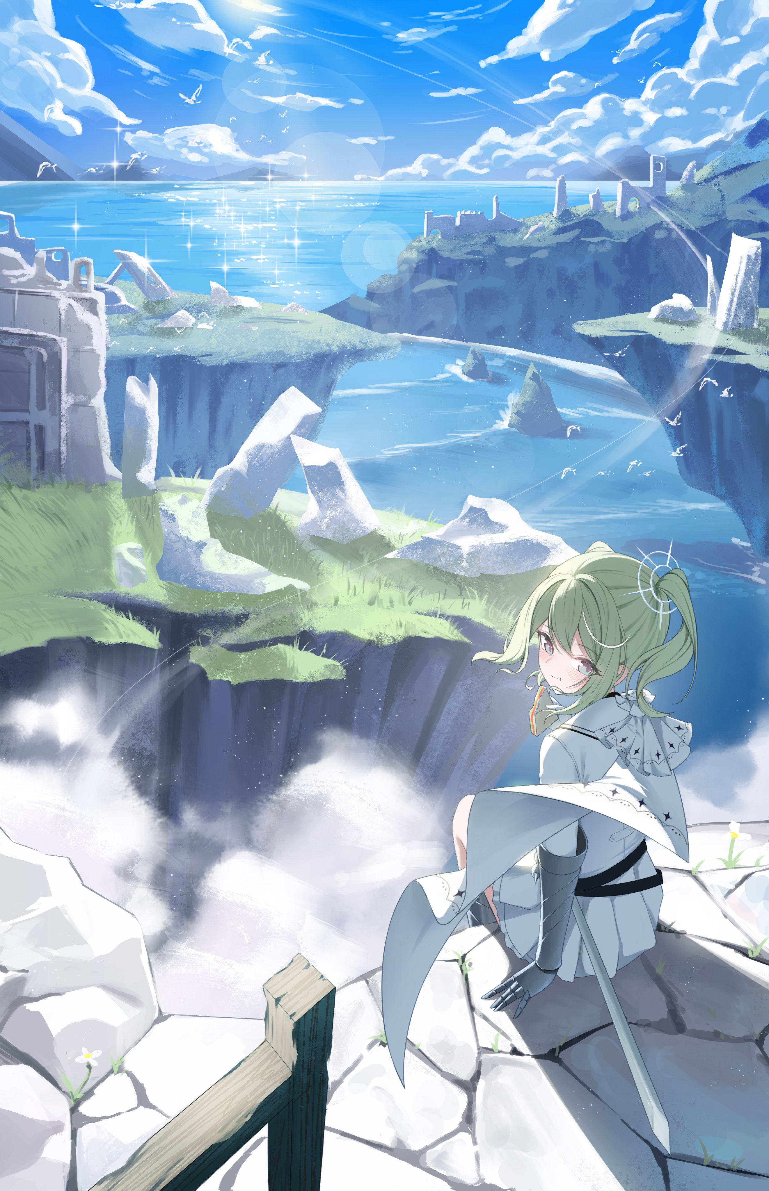 yt9676, yuzuha riko, stellive, absurdres, commentary request, highres, korean commentary, 1girl, :t, blue sky, cape, cliff, closed mouth, cloud, day, double-parted bangs, eating, flock, food, from above, from behind, gauntlets, glint, green hair, grey eyes, hand up, holding, holding food, holding sandwich, horizon, landscape, looking at viewer, looking back, medium hair, miniskirt, ocean, outdoors, pleated skirt, ruins, sandwich, scenery, shirt, sidelocks, simple bird, sitting, skirt, sky, solo, sunlight, sword, turning head, twintails, virtual youtuber, weapon, white cape, white shirt, white skirt