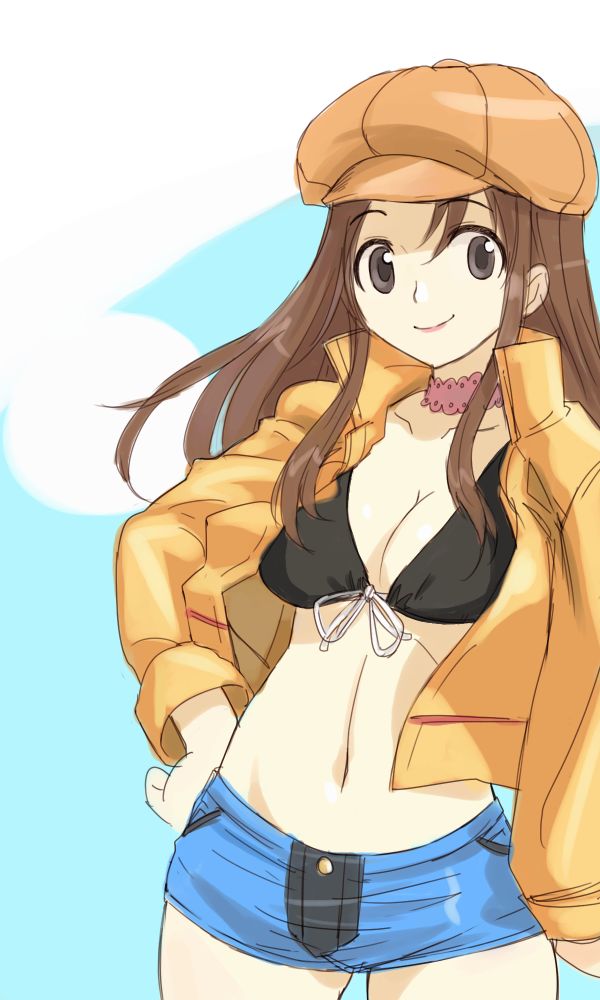 michael f91, original, 1girl, bikini, bikini top only, black bikini, black eyes, breasts, brown hair, cleavage, denim, denim shorts, female focus, hat, long hair, shorts, solo, swimsuit