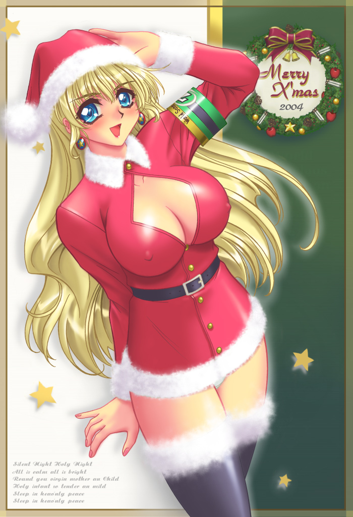 r1, 1girl, armband, blonde hair, blue eyes, breasts, christmas, cleavage, covered erect nipples, female focus, hat, long hair, panties, santa costume, santa hat, solo, thighhighs, underwear