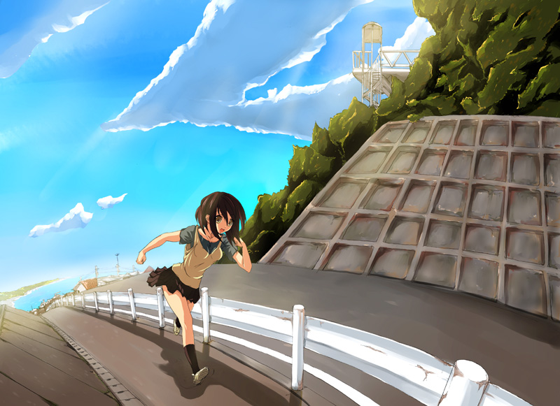 murasame nohito, original, 1girl, cloud, day, female focus, miniskirt, outdoors, road, running, skirt, sky, solo