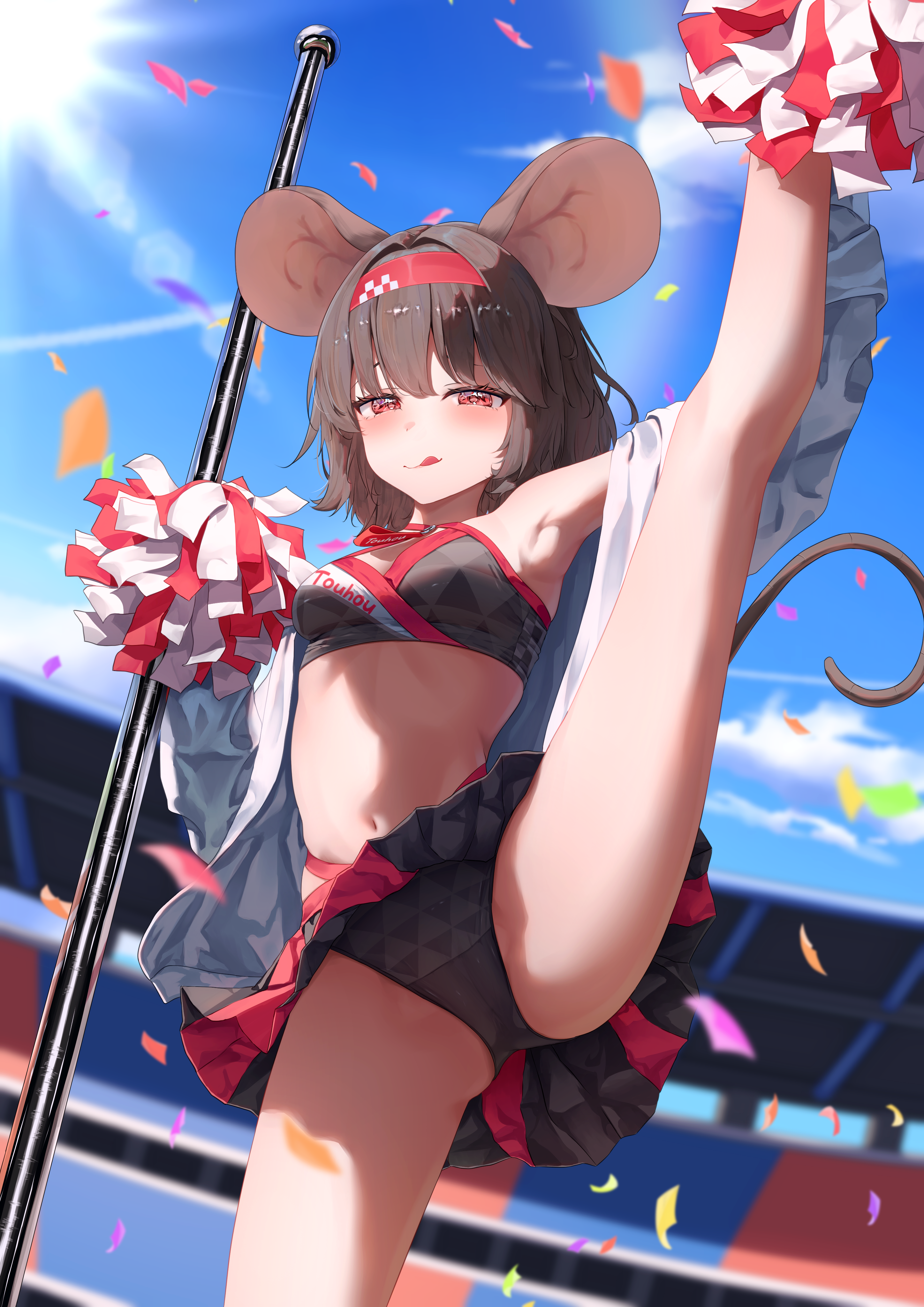 ramuneru, nazrin, touhou, absurdres, commentary, commission, highres, skeb commission, variant set, 1girl, :q, alternate costume, animal ears, arm up, armpits, black panties, blue sky, blurry, blurry background, breasts, cheerleader, closed mouth, cloud, confetti, cowboy shot, day, grey hair, half-closed eyes, headband, holding, holding pom poms, kneepits, leg lift, leg up, lens flare, looking at viewer, midriff, miniskirt, mouse ears, mouse tail, navel, outdoors, panties, pom pom (cheerleading), pom poms, red eyes, red headband, short hair, skirt, sky, small breasts, smile, solo, split, standing, standing on one leg, standing split, stomach, sunlight, tail, thighs, tongue, tongue out, underwear