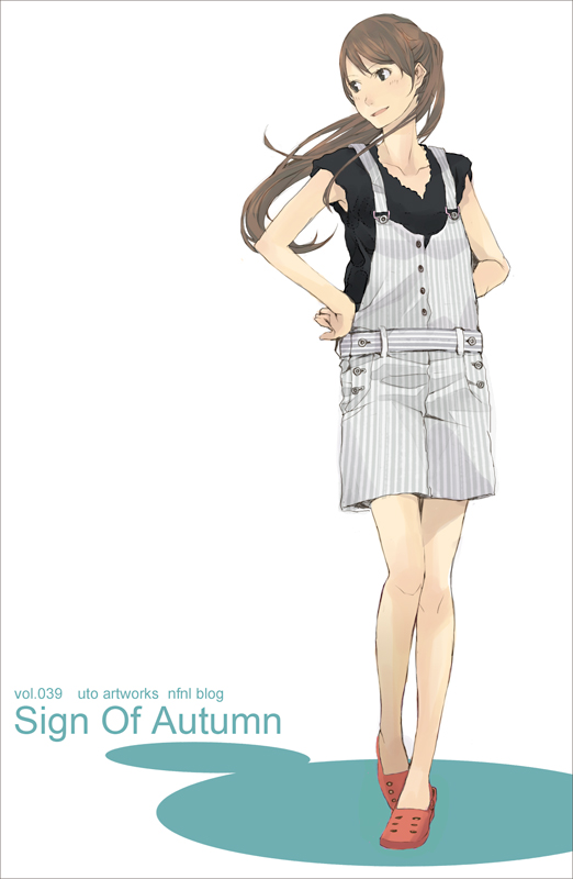 yoshito, original, striped, 1girl, bare legs, black shirt, blouse, brown hair, english text, female focus, hands on own hips, long hair, overall shorts, overalls, patterned, pinstripe pattern, ponytail, shirt, shorts, simple background, sleeveless, sleeveless shirt, solo, walking, white background