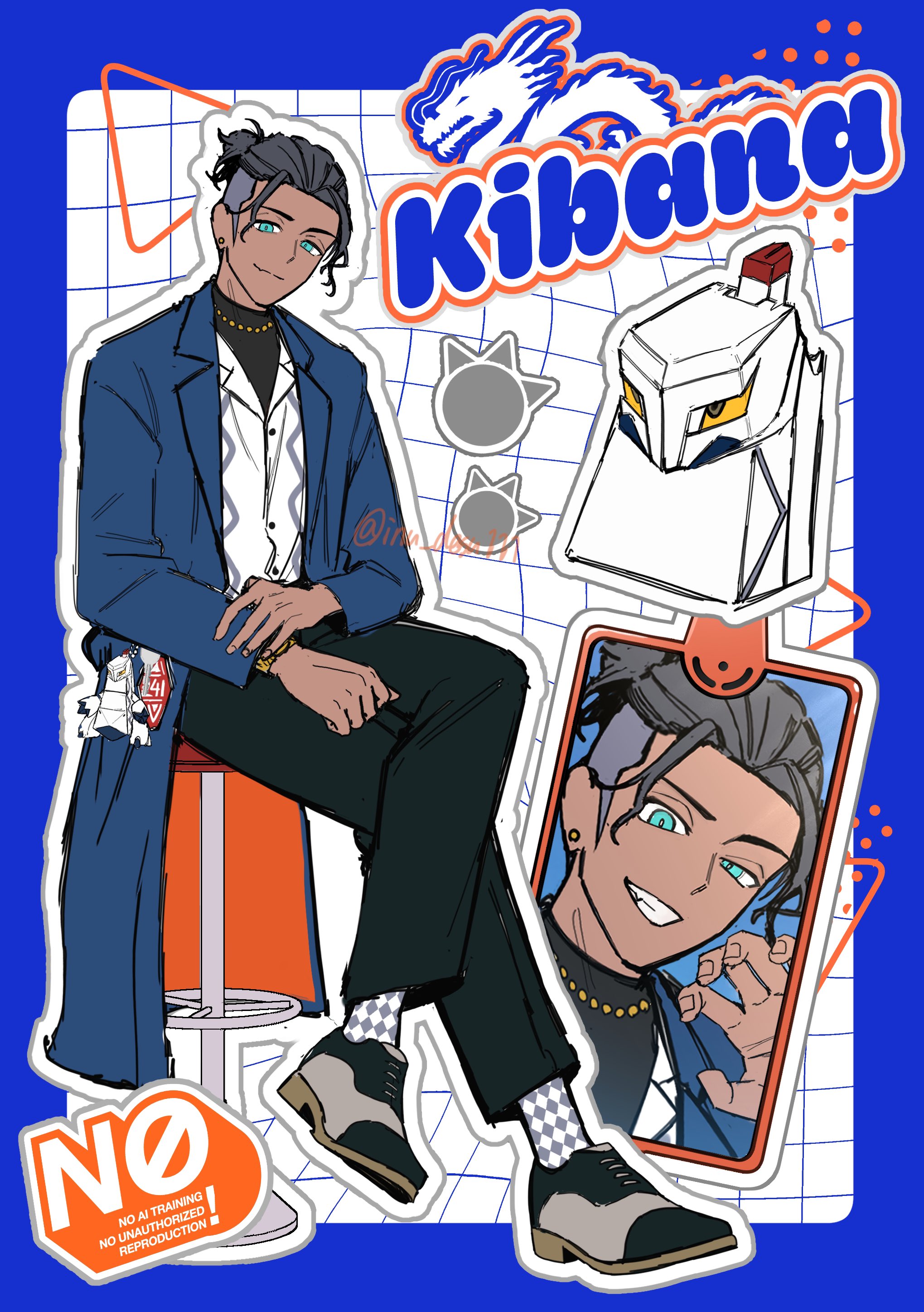 shiba (tonari no shiba inu), duraludon, raihan (pokemon), nintendo, pokemon, pokemon swsh, absurdres, commentary, highres, symbol-only commentary, 1boy, alternate costume, aqua eyes, argyle clothes, argyle socks, bead necklace, beads, black hair, black pants, black shirt, blue coat, character name, charm (object), closed mouth, coat, crossed legs, earrings, gen 8 pokemon, jewelry, male focus, multiple views, necklace, open clothes, open coat, pants, phone, shirt, shoes, short hair, sitting, smile, socks, stool, undercut, watermark