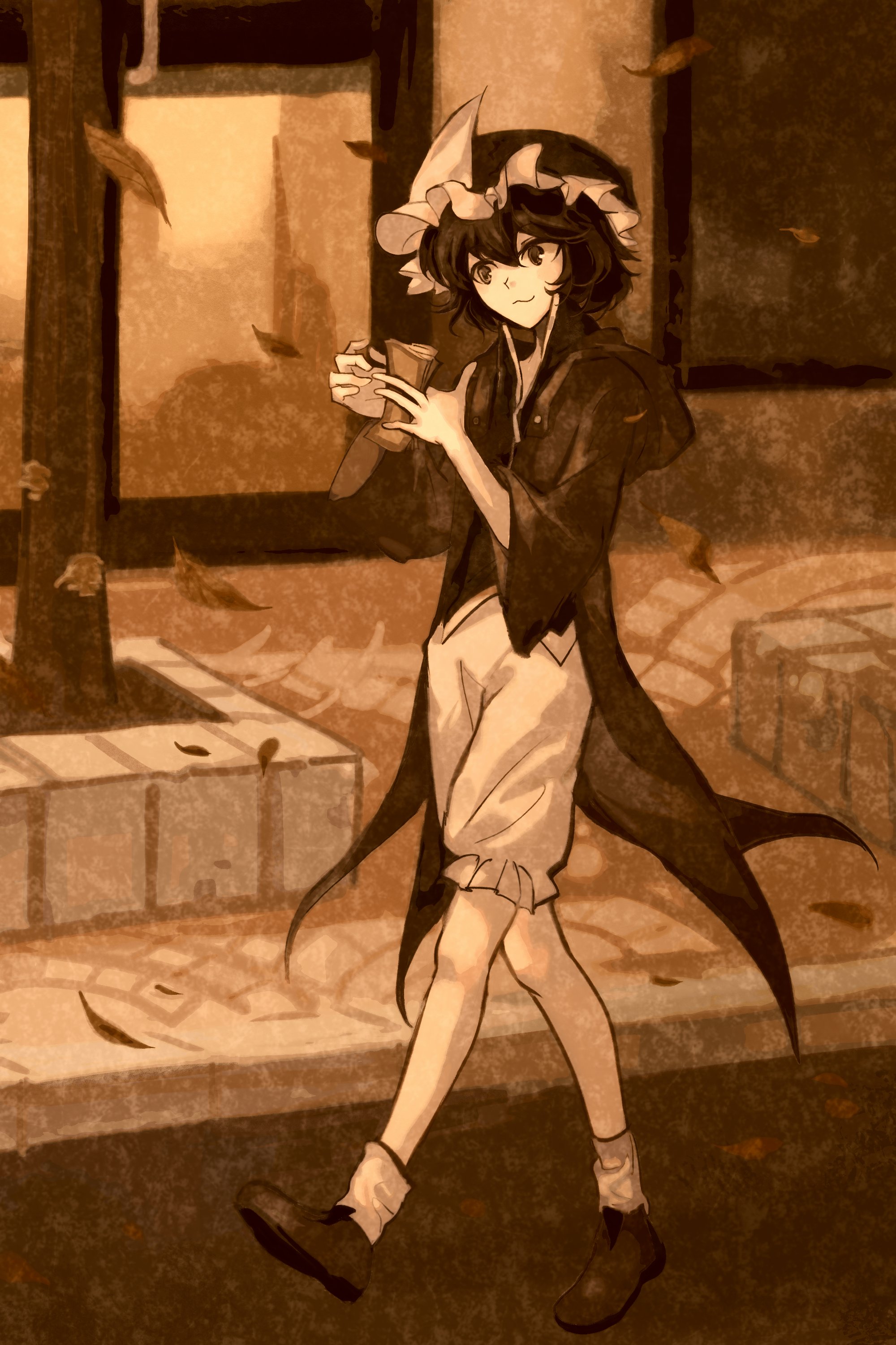shitodo kuroji, len'en, absurdres, bilingual commentary, commentary, english commentary, highres, mixed-language commentary, 1other, :3, androgynous, ankle socks, baggy shorts, banknote, black eyes, black hair, black hat, black shirt, boots, closed mouth, coattails, collared shirt, counting money, day, falling leaves, frilled headwear, frilled shorts, frills, full body, hair between eyes, happy, hat, high collar, holding, holding money, hood, hood down, hooded jacket, jacket, leaf, looking at object, mob cap, money, open clothes, open jacket, other focus, outdoors, pointy nose, purple boots, purple jacket, road, shirt, shop, short hair, shorts, sidewalk, smile, socks, solo, sunset, tree, triangular headpiece, walking, white shorts, white socks, yancao (pixiv 103434280)