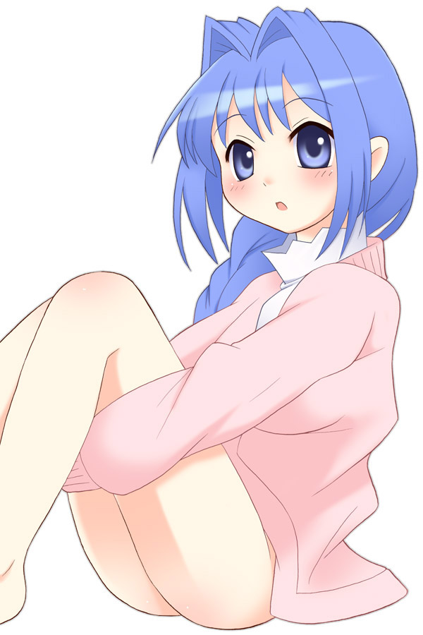 minase akiko, kanon, blue eyes, blue hair, bottomless, braid, hair intakes, solo, sweater