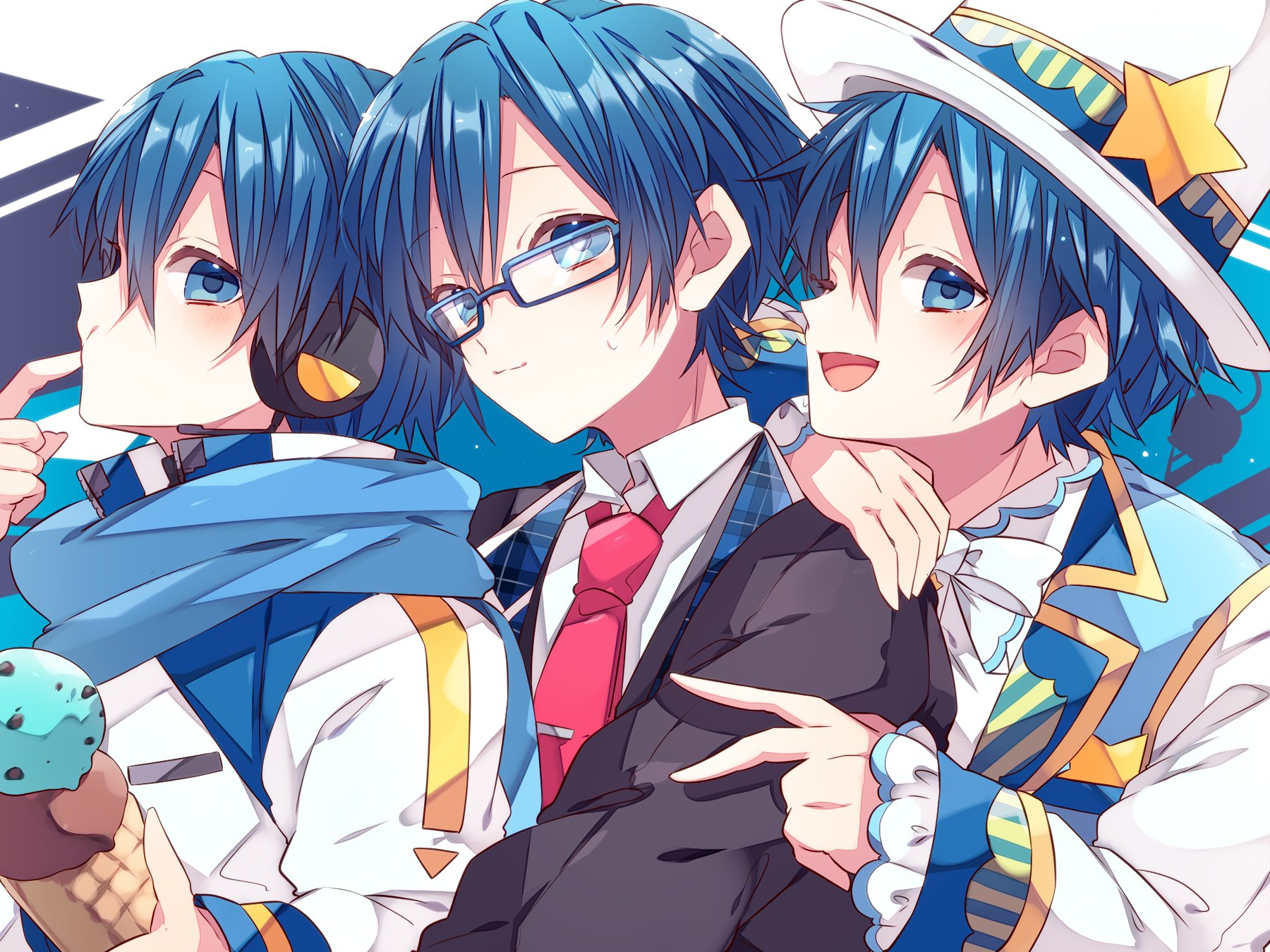kaho 0102, kaito (vocaloid), vocaloid, commentary request, highres, 3boys, :d, bespectacled, black jacket, blue-framed eyewear, blue eyes, blue hair, blue scarf, closed mouth, collared shirt, double-parted bangs, food, glasses, hair between eyes, hat, hat ornament, holding, holding food, holding ice cream, ice cream, jacket, long sleeves, looking at viewer, male focus, multiple boys, multiple persona, necktie, open mouth, red necktie, scarf, shirt, short hair, smile, star (symbol), star hat ornament, upper body, v, white hat, white shirt