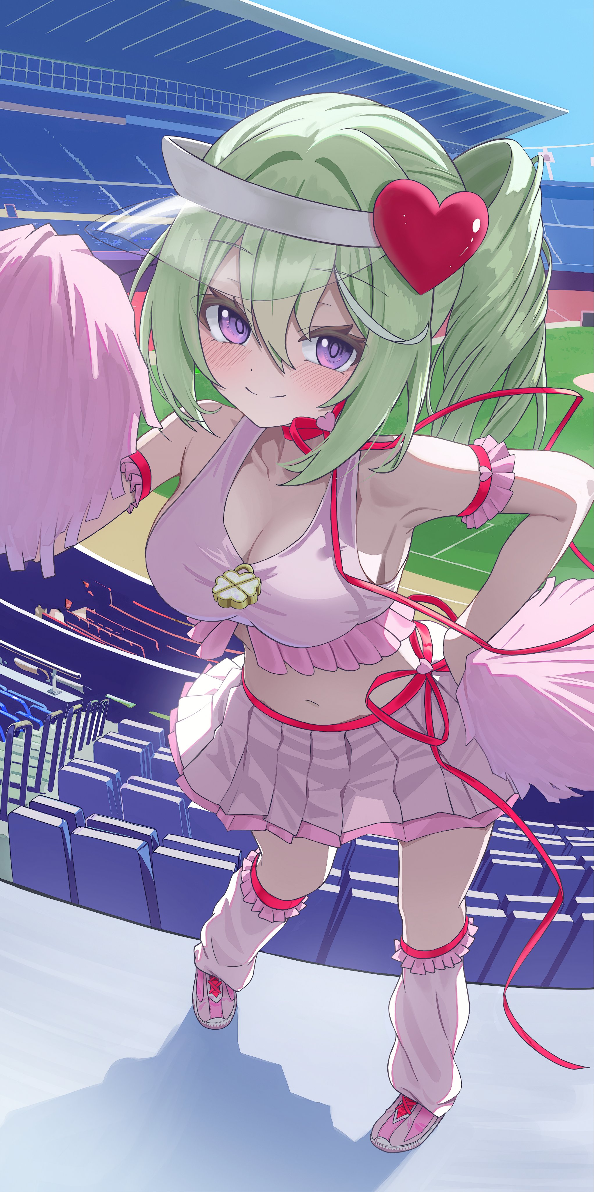 yuzuha riko, stellive, absurdres, hashtag-only commentary, highres, 1girl, armband, blush, breasts, ccmk5555, cheerleader, cleavage, closed mouth, clover, crop top, cropped shirt, double-parted bangs, four-leaf clover, frilled armband, frills, from above, full body, green hair, hair between eyes, hair ornament, hand on own hip, hand up, heart, heart hair ornament, holding, holding pom poms, large breasts, long bangs, long hair, looking at viewer, loose socks, midriff, navel, outdoors, pink armband, pink shirt, pink shoes, pink skirt, pleated skirt, pom pom (cheerleading), pom poms, purple eyes, purple pupils, red ribbon, ribbon, shirt, shoes, side ponytail, skirt, sleeveless, sleeveless shirt, smile, socks, solo, split mouth, stadium, virtual youtuber, visor cap, white socks