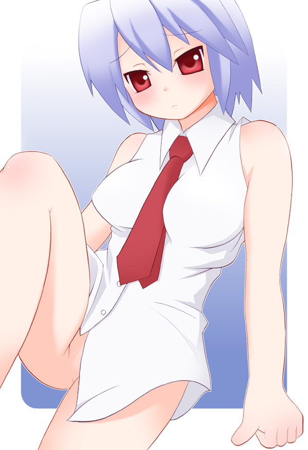 kurappii, kotonomiya yuki, suigetsu, blue hair, bottomless, dress shirt, necktie, no panties, shirt, solo