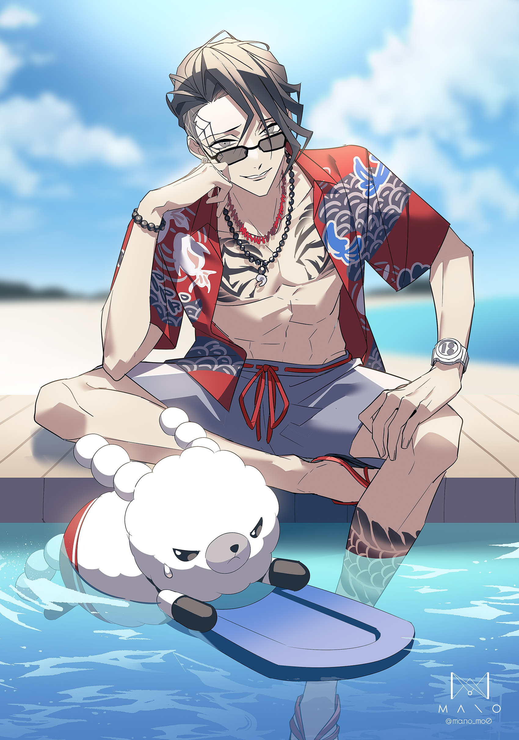 manomenou, itomeguri rinne, #compass, absurdres, highres, 1boy, abs, animal print, artist name, bare pectorals, beach, bead bracelet, bead necklace, beads, black hair, blurry, blurry background, bracelet, chest tattoo, cloud, creature, curtained hair, day, dragon tattoo, elbow rest, facial tattoo, figure four sitting, fish print, grey shorts, hand on own knee, head rest, holding kickboard, jewelry, kickboard, leg tattoo, looking at viewer, looking over eyewear, magatama, magatama necklace, male focus, male swimwear, multiple necklaces, necklace, ocean, open clothes, open shirt, outdoors, pectorals, pier, red shirt, sandals, seigaiha, shirt, short hair, short sleeves, shorts, side part, sitting, smile, smirk, soaking feet, solo, spider web tattoo, sunglasses, sweatdrop, swim trunks, swimming, tattoo, toned, toned male, undercut, watch, wristwatch