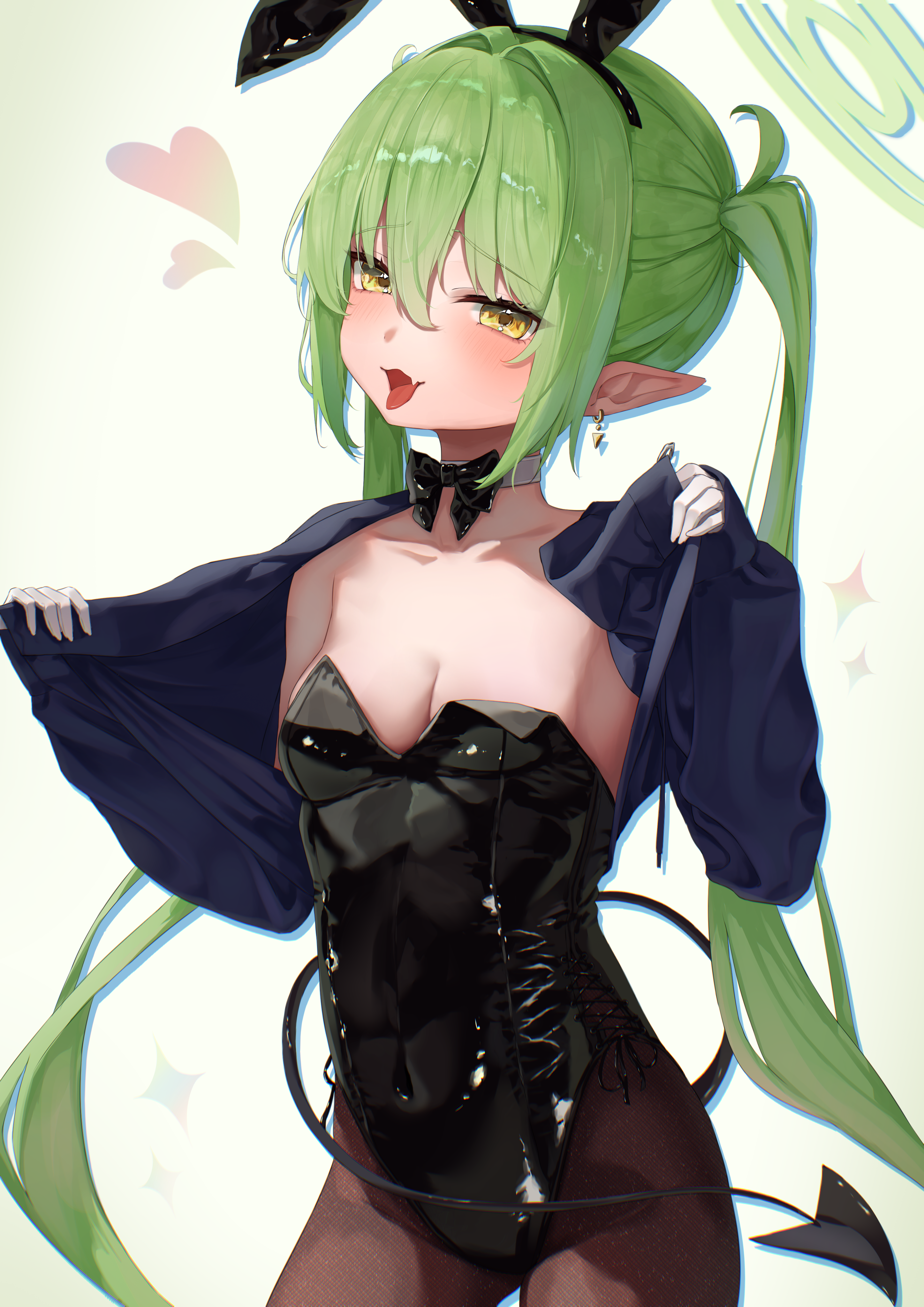 ramuneru, nozomi (blue archive), blue archive, absurdres, commentary, highres, 1girl, :p, alternate costume, black bow, black bowtie, black leotard, bow, bowtie, breasts, brown pantyhose, cleavage, cowboy shot, demon tail, fang, gloves, green hair, green halo, halo, heart, leotard, long hair, looking at viewer, open mouth, pantyhose, playboy bunny, pointy ears, simple background, skin fang, small breasts, smile, solo, strapless, strapless leotard, tail, tongue, tongue out, traditional bowtie, twintails, very long hair, white background, white gloves, yellow eyes