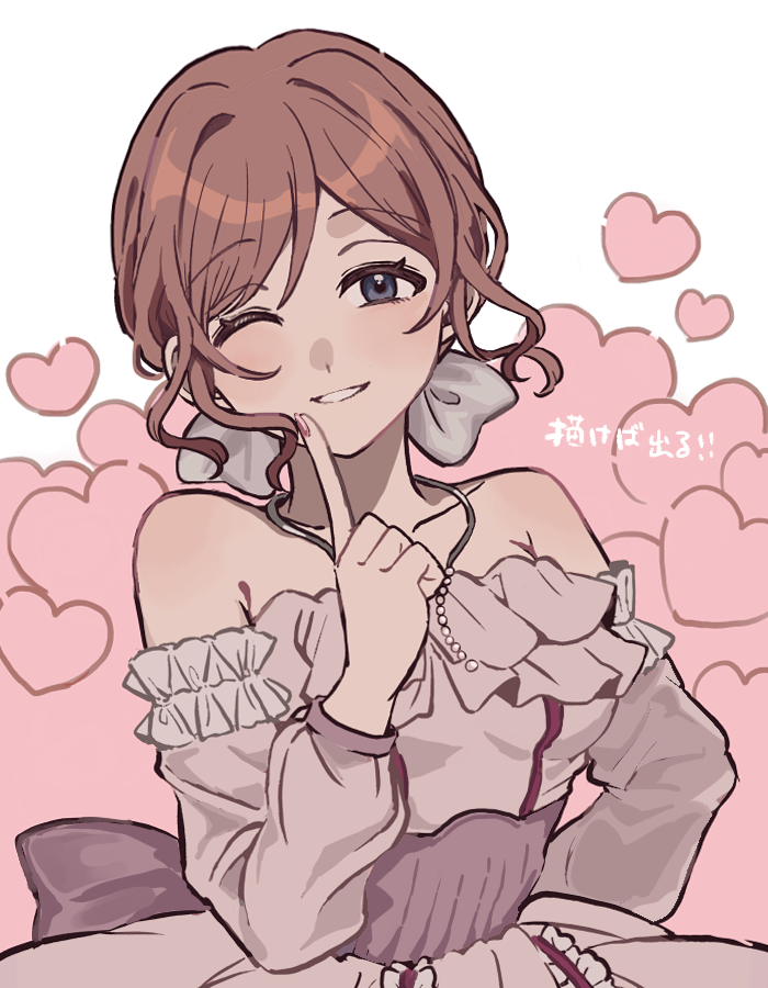 yureru 300, himesaki rinami, gakuen idolmaster, idolmaster, translation request, 1girl, arm behind back, back bow, bare shoulders, bead necklace, beads, bow, breasts, brown hair, collarbone, dress, finger to own chin, fingernails, frilled dress, frills, grey eyes, hair bow, hand up, heart, heart background, index finger raised, jewelry, light blush, long sleeves, looking at viewer, medium breasts, necklace, off-shoulder dress, off shoulder, official alternate costume, one eye closed, open mouth, parted bangs, pink nails, red bow, short hair, simple background, smile, solo, upper body, white bow, white dress