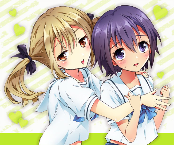 mako (lostworld7), daitoku junna, koujiro frau, robotics;notes, science adventure, 2girls, :o, black bow, blonde hair, blue bow, blue skirt, bow, brown eyes, chest bow, chuo tanegashima high school uniform, cropped shirt, embarrassed, fingernails, hair between eyes, hair bow, high-waist skirt, hug, hug from behind, multiple girls, multiple hair bows, open mouth, sailor collar, school uniform, shirt, short sleeves, sidelocks, skirt, tongue, twintails, white sailor collar, white shirt