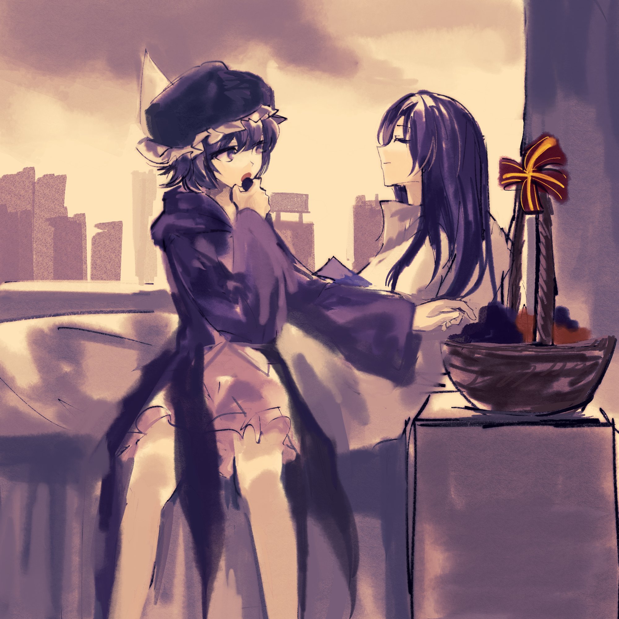 clause (len'en), shitodo kuroji, len'en, chinese commentary, commentary, english commentary, highres, mixed-language commentary, multilingual commentary, 2others, ^ ^, androgynous, bare legs, basket, bed, black hair, black hat, black shirt, closed eyes, closed mouth, coattails, eating, expressionless, feet out of frame, food, frilled headwear, frilled shorts, frills, fruit, gift, grapes, grey shirt, hair between eyes, happy, hat, holding, holding food, holding fruit, hood, hood down, hooded jacket, hospital bed, indoors, jacket, legs apart, long hair, looking at another, lying, mob cap, multiple others, on back, on bed, open clothes, open jacket, open mouth, other focus, pillow, pink shorts, pointy nose, puffy shorts, purple hair, purple jacket, reaching, shirt, short hair, shorts, sky, skyline, smile, standing, straight hair, sunset, triangular headpiece, under covers, window, yancao (pixiv 103434280), yellow sky