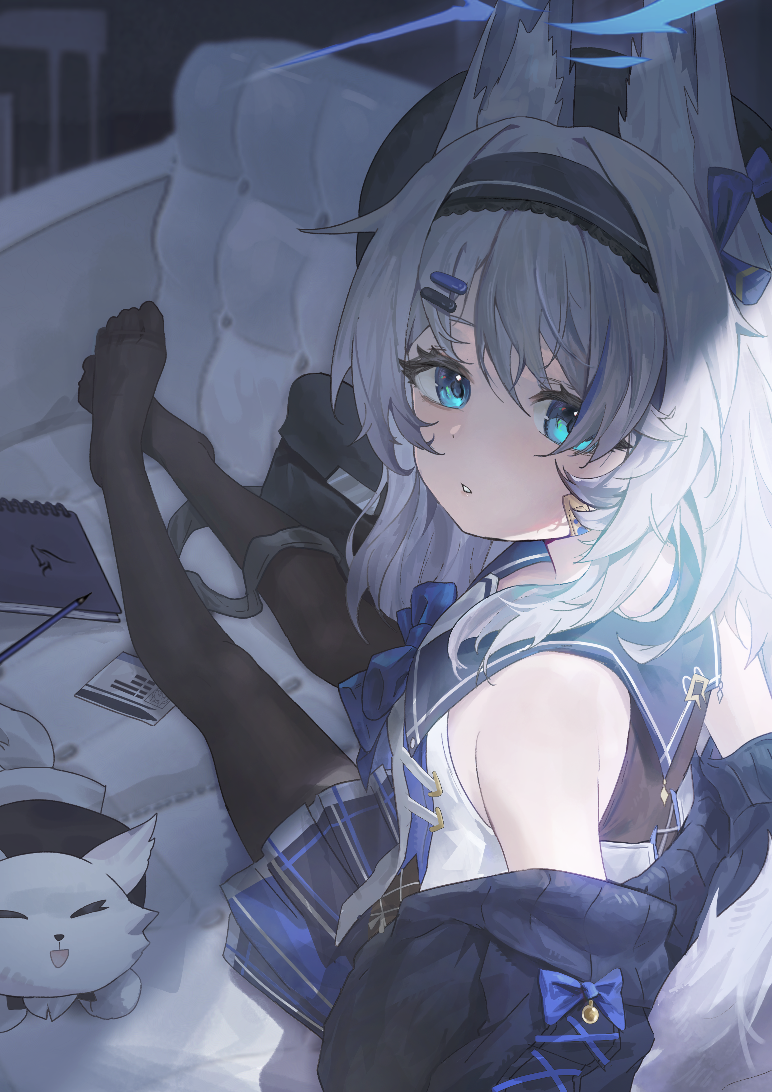 weimuzhihenx, original, absurdres, commission, highres, animal ears, bare shoulders, black pantyhose, blue eyes, feet, fox girl, hairband, pantyhose, school uniform, white hair