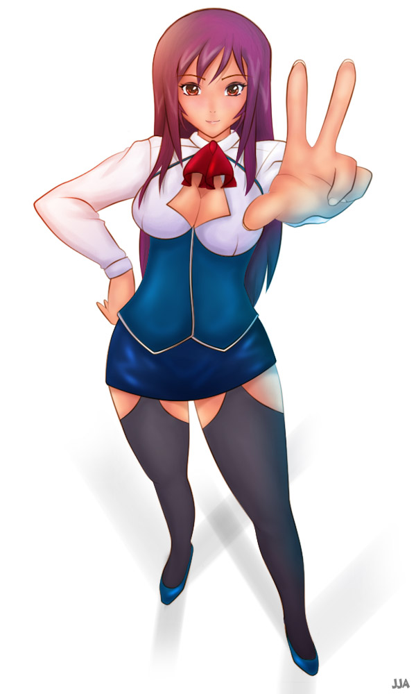 khalitzburg, ichikawa aki, bible black, shin bible black, breasts, cleavage, cleavage cutout, hand on own hip, high heels, legs, long hair, miniskirt, purple hair, red eyes, shoes, skirt, smile, solo, thighhighs, thighs, v
