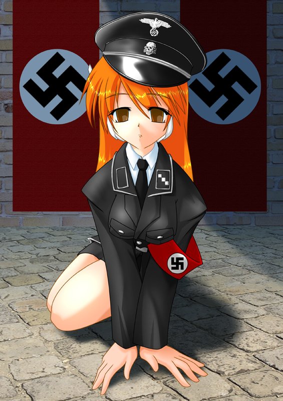 serio (to heart), to heart, to heart (series), artist request, 1girl, arm support, armband, bird, black hat, breasts, brick wall, brooch, deaths head, eagle, empty eyes, facing viewer, female focus, full body, general hat, hat, jewelry, long hair, looking at viewer, medium breasts, military, military uniform, nazi, on floor, orange hair, peaked cap, photo background, running bond, schutzstaffel, sitting, skull, solo, stone floor, swastika, world war ii, yokozuwari