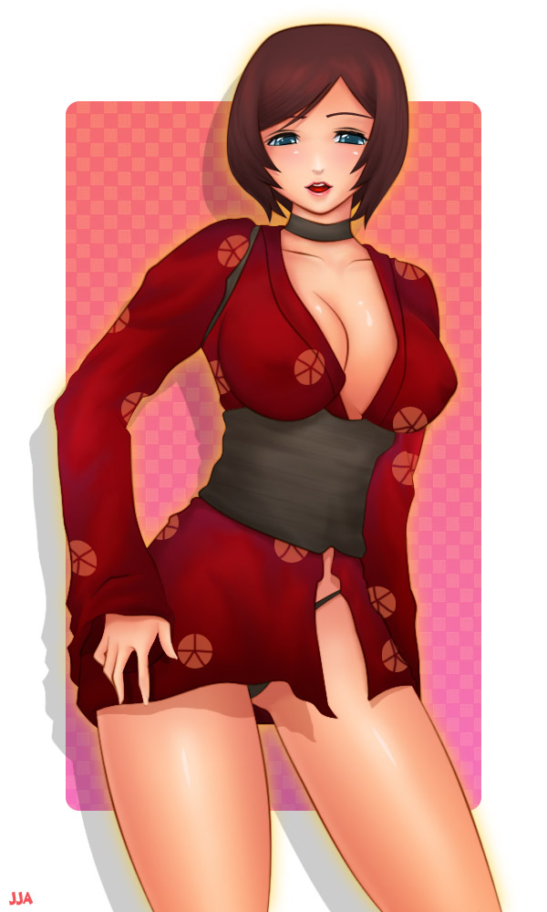 khalitzburg (user 2274420), kurenai (red ninja: end of honor), red ninja: end of honor, self-upload, 1girl, blush, breasts, brown hair, choker, female focus, japanese clothes, kimono, large breasts, looking at viewer, no bra, obi, panties, pantyshot, parted lips, sash, short hair, short kimono, solo, standing, underwear