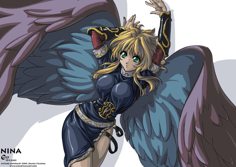daniel fielding, nina (breath of fire ii), breath of fire, breath of fire ii, 1girl, angel wings, arms up, belt, black wings, blonde hair, breasts, dress, female focus, gauntlets, gloves, green eyes, hip focus, large breasts, legs, long hair, side slit, solo, thighs, wide hips, wings