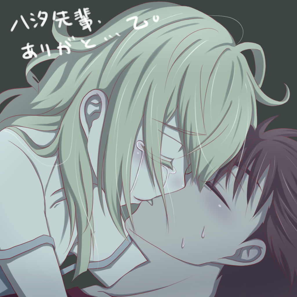 longerthan, koujiro frau, yashio kaito, robotics;notes, science adventure, 1boy, 1girl, blonde hair, blush, casual, closed eyes, collarbone, crying, hair down, hetero, kiss, long hair, loungewear, messy hair, red shirt, sad, shirt, short hair, strap slip, t-shirt