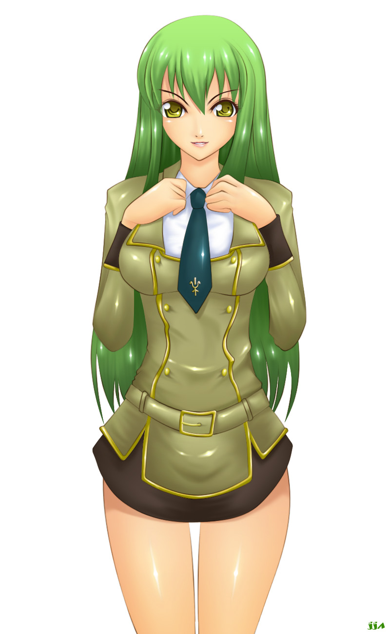 khalitzburg (user 2274420), c.c., code geass, highres, green hair, long hair, miniskirt, simple background, skirt, thigh gap