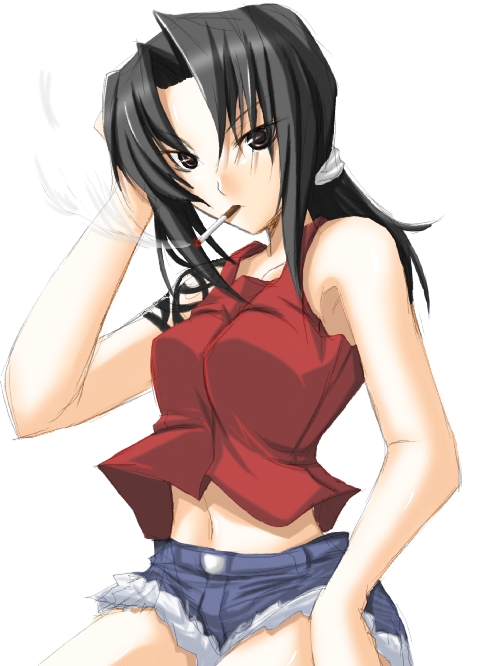 ribi, revy (black lagoon), black lagoon, 00s, 1girl, denim, denim shorts, female focus, ponytail, short shorts, shorts, shoulder tattoo, smoking, solo, tattoo