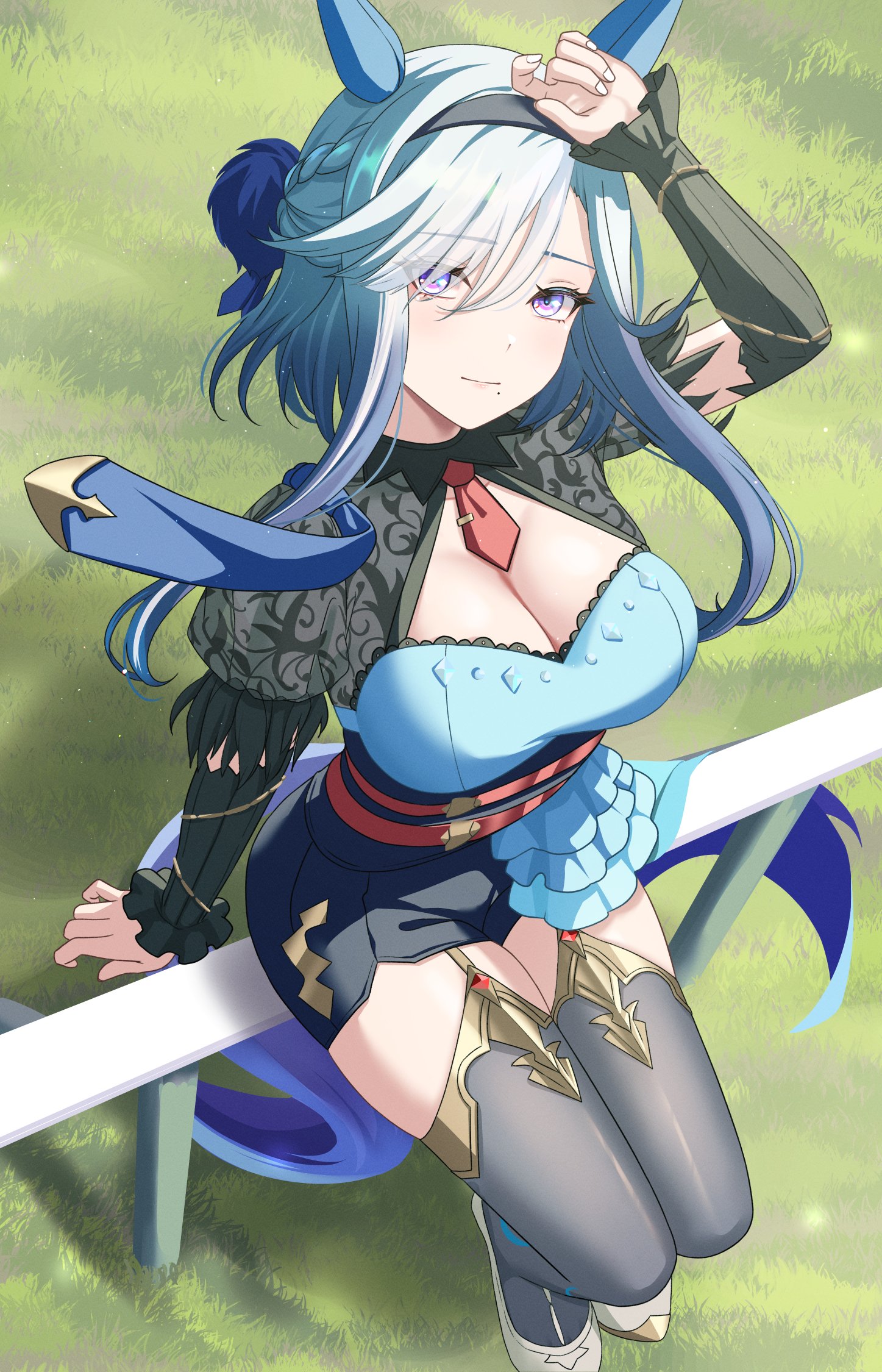 philo 324, admire groove (umamusume), umamusume, commentary request, highres, 1girl, animal ears, arm warmers, blue hair, blush, breasts, cleavage, collarbone, fence, grass, hair between eyes, hair ornament, hairband, horse ears, horse girl, horse tail, large breasts, looking at viewer, mole, mole under eye, necktie, shoes, short hair with long locks, sitting, smile, tail