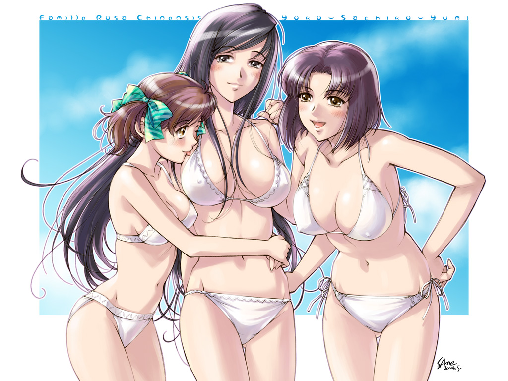 sameha ikuya, fukuzawa yumi, mizuno youko, ogasawara sachiko, maria-sama ga miteru, 00s, 3girls, ;p, bikini, blush, bow, breasts, cleavage, day, hair bow, large breasts, leaning forward, long hair, multiple girls, one eye closed, open mouth, side-tie bikini bottom, swimsuit, tongue, tongue out, twintails, very long hair, white bikini, wink, yuri