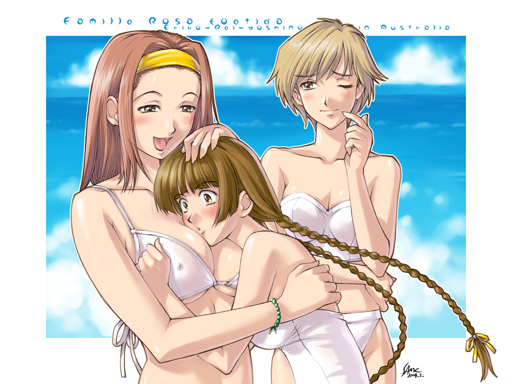 sameha ikuya, hasekura rei, shimazu yoshino, torii eriko, maria-sama ga miteru, 00s, 3girls, bikini, blush, bracelet, breast smother, breasts, cleavage, closed mouth, face to breasts, hug, jewelry, large breasts, long hair, looking at another, medium breasts, multiple girls, one-piece swimsuit, short hair, smile, strapless, strapless bikini, swimsuit, twintails, white bikini, yuri