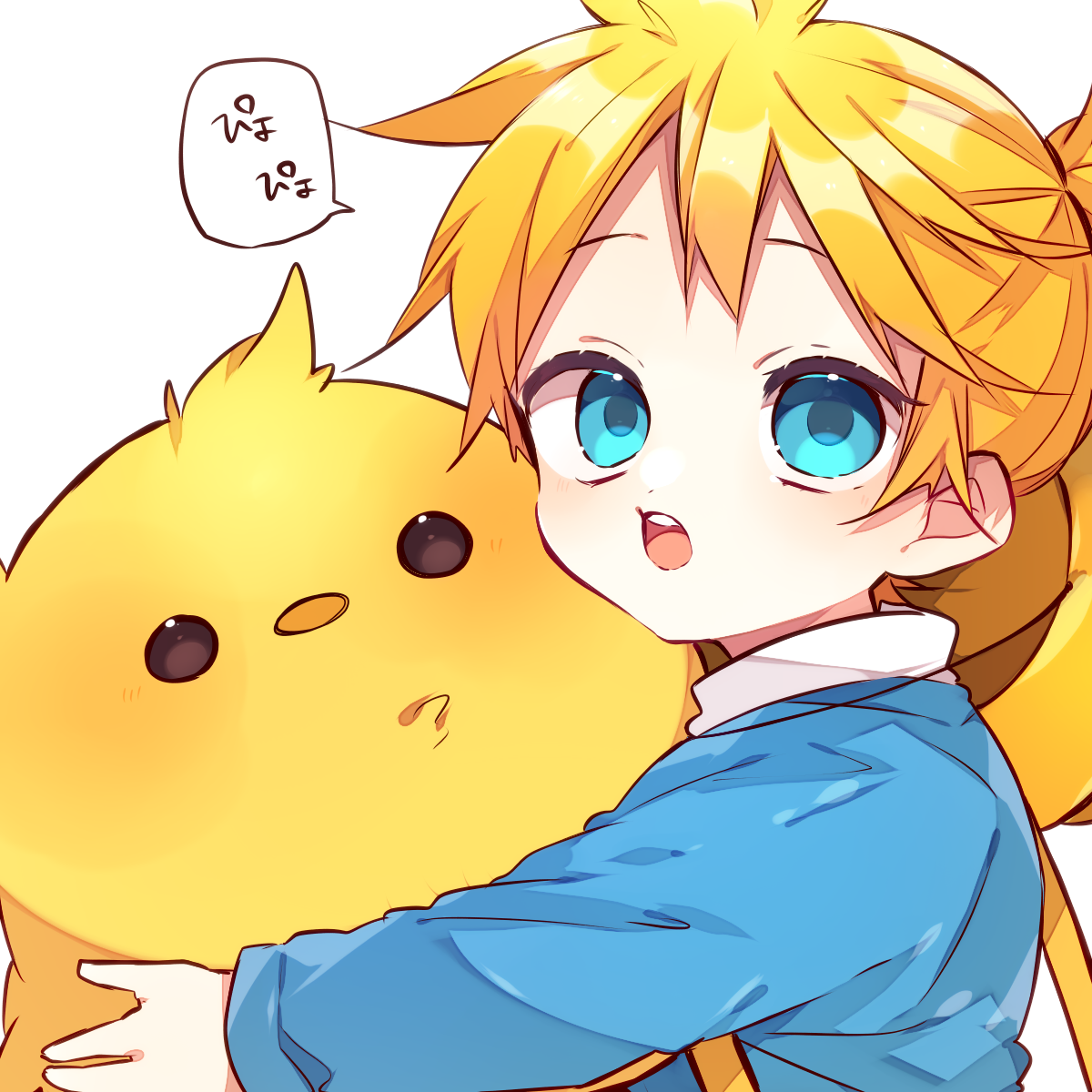 kaho 0102, kagamine len, vocaloid, commentary request, highres, translation request, 1boy, :o, bird, blonde hair, blue shirt, hat, long sleeves, looking at viewer, male focus, open mouth, school hat, shirt, short hair, simple background, solo, speech bubble, upper body, white background, yellow hat