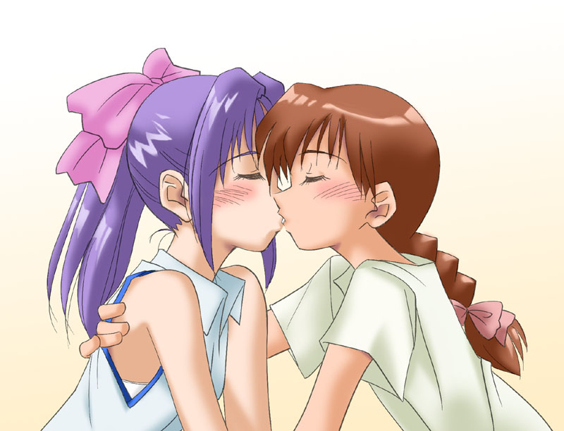 koigakubo momoko, miyanoshita satsuki, gakkou no kaidan (anime), non-web source, 00s, 2girls, blush, bow, braid, brown hair, closed eyes, couple, hair ribbon, kiss, long hair, multiple girls, pink bow, ponytail, profile, purple hair, ribbon, shirt, short sleeves, simple background, sleeveless, yuri