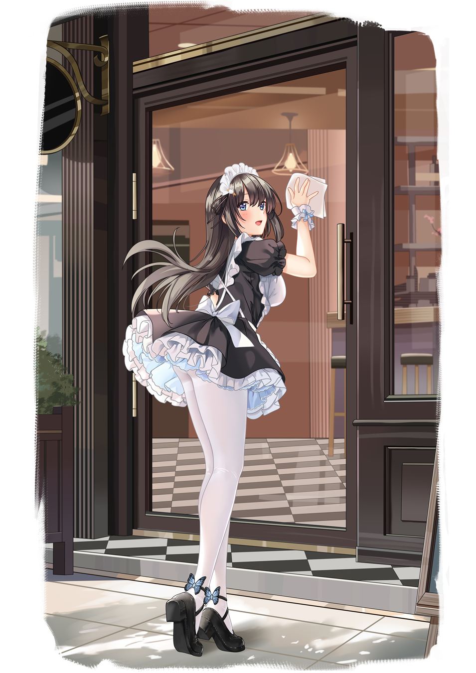 youlancangkong, original, highres, black hair, blue eyes, blush, butterfly ornament, cleaning, cleaning windows, embarrassed, long hair, maid, mary janes, nose blush, panties, pantyhose, shoes, underwear, white pantyhose, window
