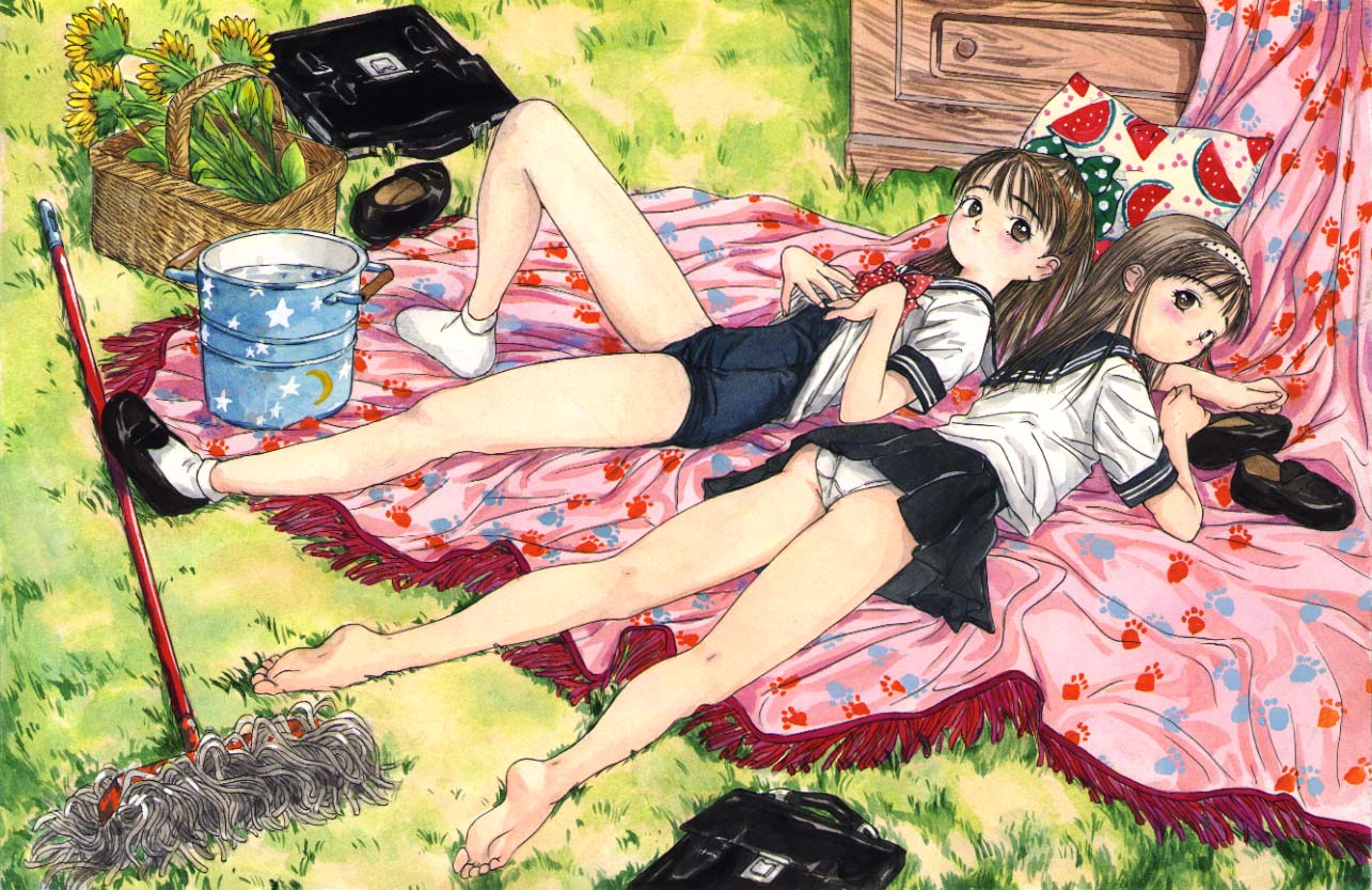 2girls, bag, bare legs, barefoot, brown hair, clothes lift, feet, looking back, lying, mop, multiple girls, no pants, on back, on stomach, one-piece swimsuit, panties, pantyshot, school bag, school swimsuit, school uniform, serafuku, shirt lift, shoes, single shoe, socks, soles, swimsuit, swimsuit under clothes, underwear, unworn shoes