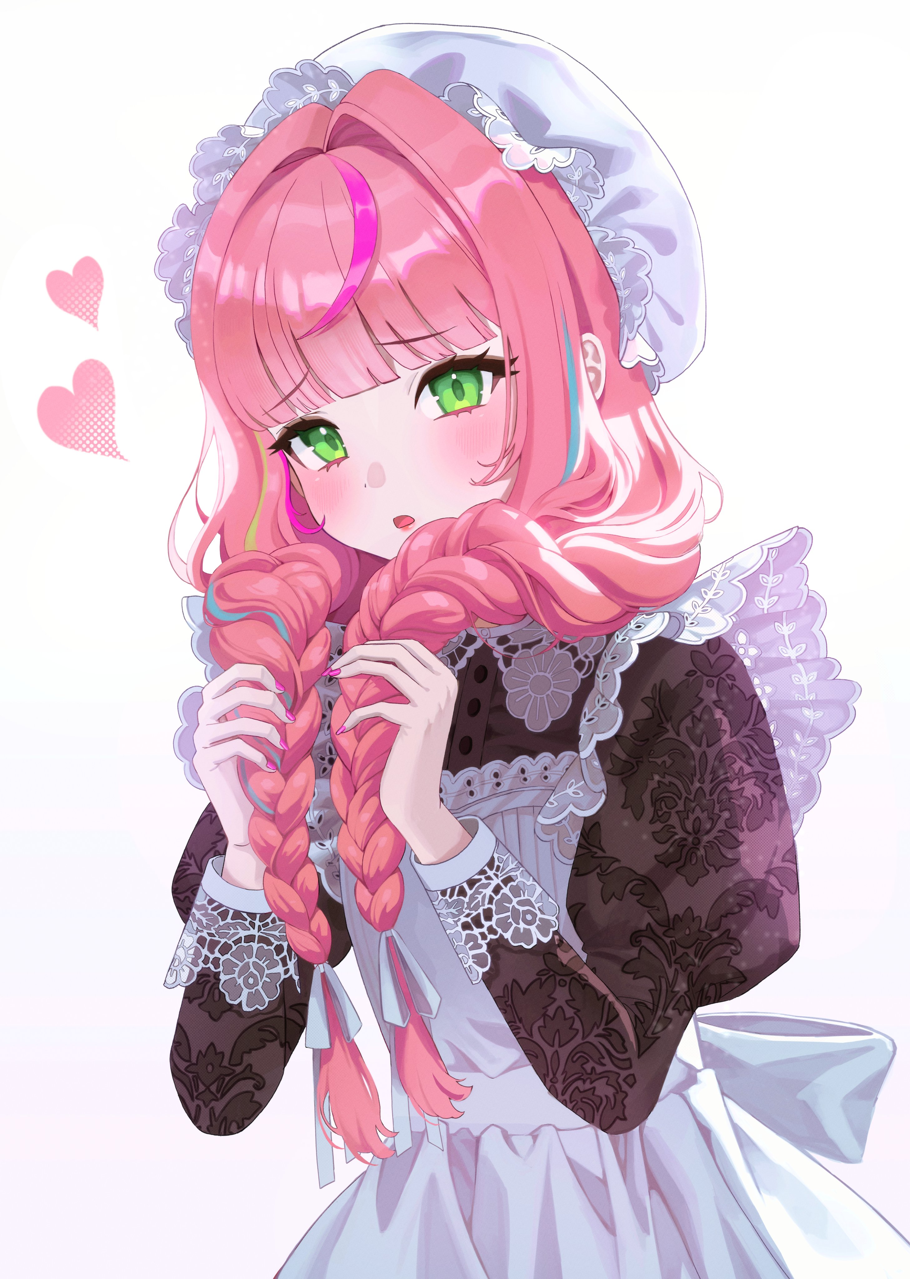 poni13101, hanako nana, stellive, braided twintails, fluffy hair, absurdres, commentary request, highres, korean commentary, 1girl, apron, aqua streaks, black dress, blush, braid, dress, embarrassed, fingernails, green eyes, green streaks, hair intakes, hair ribbon, hat, heart, holding, holding own hair, lace dress, long hair, looking at viewer, maid, maid apron, mob cap, multicolored hair, nail polish, parted lips, pink hair, pink nails, pink streaks, raised inner eyebrows, ribbon, simple background, solo, streaked hair, twintails, virtual youtuber, white apron, white background, white hat, white ribbon, wispy bangs