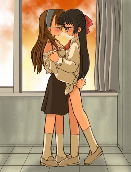 2girls, breast press, breasts, eye contact, glasses, looking at another, multiple girls, school uniform, serafuku, small breasts, symmetrical docking, undressing, yuri