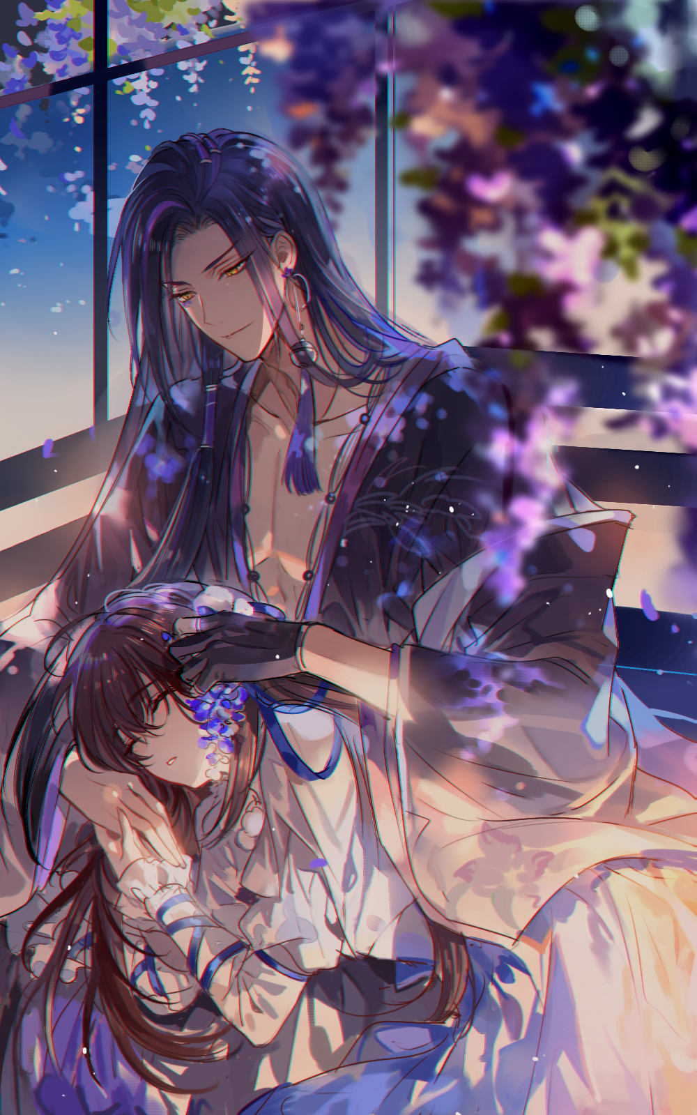 nevakuma (fanfanas), chinese commentary, highres, >:), 1boy, 1girl, aoqun, arm ribbon, black gloves, black hair, black hanfu, black robe, blue ribbon, blue skirt, blurry, brown hair, chinese clothes, closed eyes, closed mouth, collarbone, couple, cowboy shot, curtained hair, depth of field, earrings, falling petals, floral print, flower, gloves, hair between eyes, hair flower, hair ornament, hair ribbon, hair tubes, hanfu, heroine (zhangmen tai mang), hetero, holding, holding flower, holding hands, hua ling, jewelry, juliet sleeves, lap pillow, light particles, long hair, long sleeves, looking at another, looking down, lying, multicolored hair, muntins, on side, open clothes, open robe, parted bangs, parted lips, partially fingerless gloves, pectoral cleavage, pectorals, petals, puffy sleeves, purple flower, purple hair, putting on headwear, ribbon, robe, shirt, single earring, single glove, single hair tube, sitting, skirt, sleeping, streaked hair, tassel, tassel earrings, v-shaped eyebrows, white shirt, wide sleeves, window, wisteria, yellow eyes, zhangmen tai mang