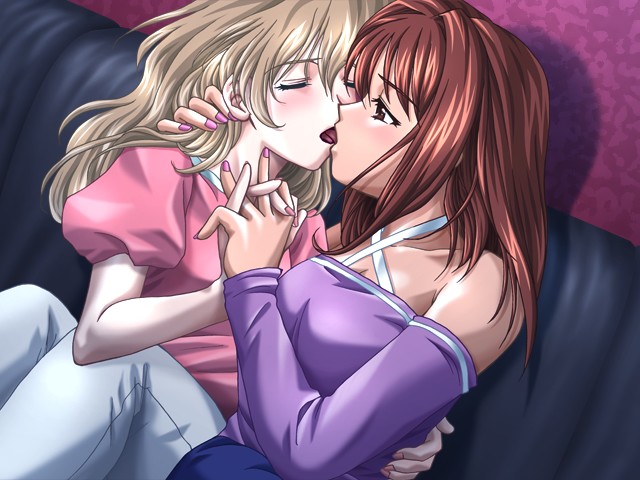2girls, blonde hair, blush, brown eyes, brown hair, closed eyes, couch, couple, denim, fingernails, french kiss, halterneck, holding hands, hug, interlocked fingers, jeans, kiss, multiple girls, nail (hardware), nail polish, pants, pink nails, sitting, tongue, yuri