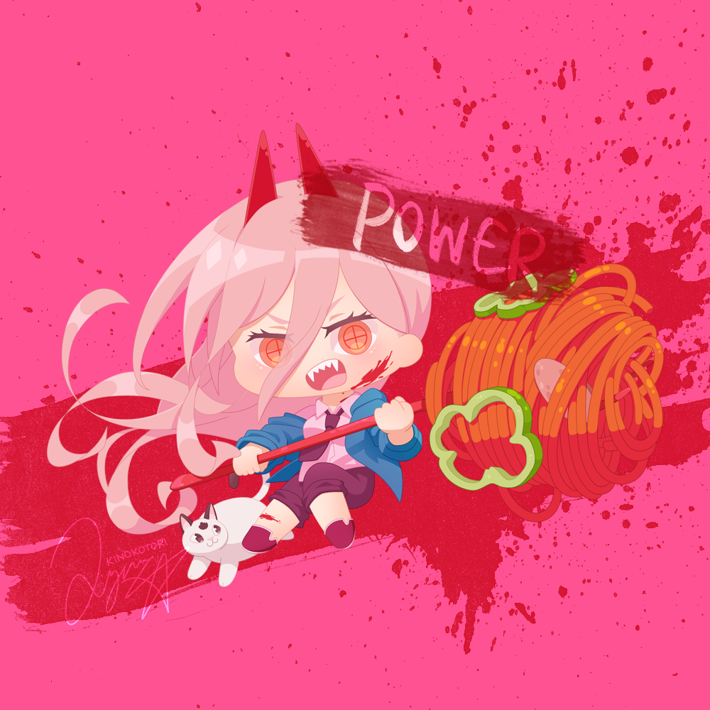 kinokorin, meowy (chainsaw man), power (chainsaw man), chainsaw man, 1girl, bell pepper, bell pepper slice, black necktie, blood, blood on face, blood on leg, blue jacket, cat, character name, chibi, chibi only, food, horns, jacket, long hair, necktie, open mouth, pasta, pink background, pink hair, red eyes, red horns, sharp teeth, solo, spaghetti, symbol-shaped pupils, teeth, white cat