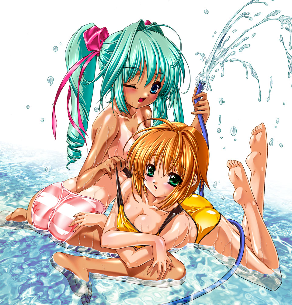 artist request, copyright request, 2girls, ;d, ass, bikini, blush, breast rest, breasts, cleavage, crossed arms, hose, lying, medium breasts, multiple girls, on stomach, one-piece tan, one eye closed, open mouth, shallow water, sitting, smile, soles, spread legs, strap lift, striped bikini, striped clothes, swimsuit, tan, tanline, topless female, water, wink