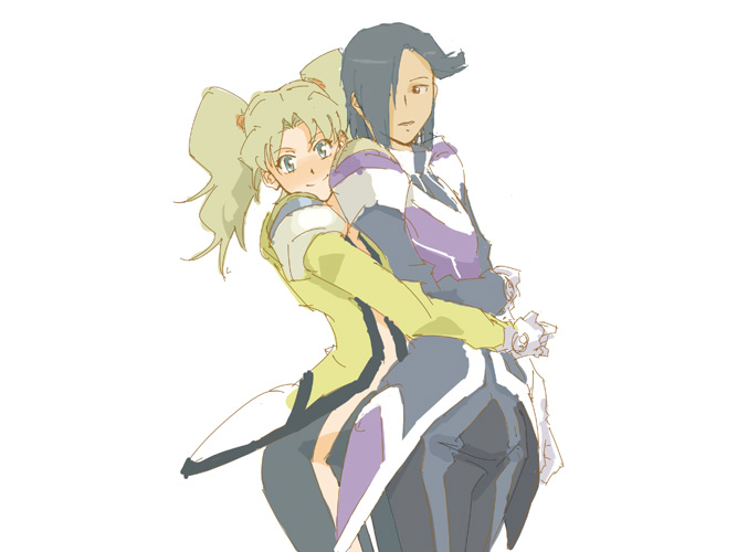 luna (godannar), shadow (godannar), shinkon gattai godannar!!, pilot suit, uniform, 00s, 2girls, androgynous, black bodysuit, blonde hair, blue eyes, blue hair, blush, bodysuit, center opening, hair over one eye, hug, hug from behind, long hair, multiple girls, no bra, no panties, oekaki, red eyes, reverse trap, shadow, short hair, simple background, smile, standing, twintails, yuri