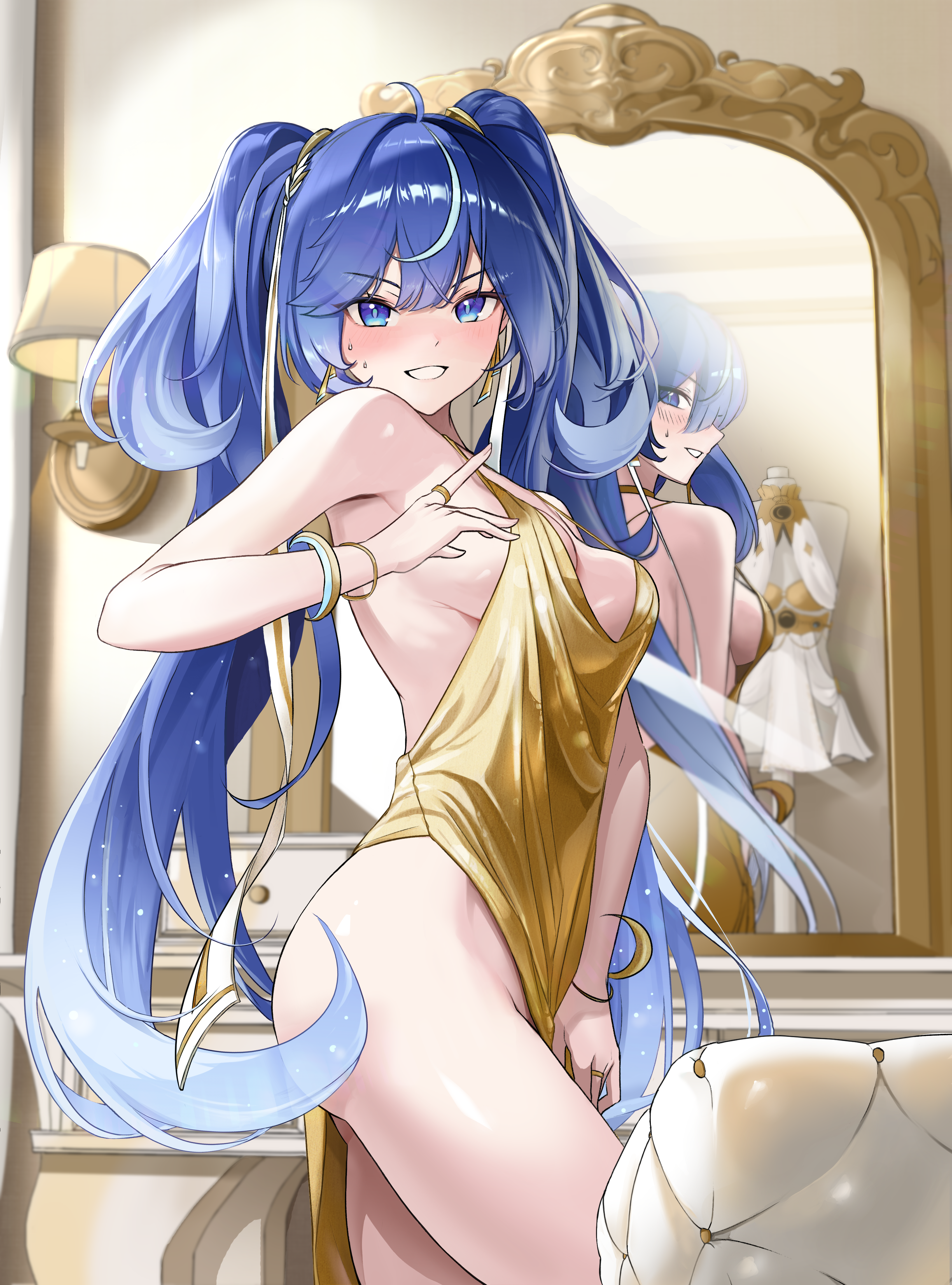 chuvi y, iuno (wuthering waves), wuthering waves, absurdres, commentary request, highres, korean commentary, revision, 1girl, ahoge, alternate costume, bare legs, bare shoulders, blue eyes, blue hair, blush, breasts, dress, from side, gold dress, halter dress, halterneck, hand up, indoors, legs, looking at viewer, looking to the side, medium breasts, mirror, multicolored hair, no panties, parted lips, reflection, sideboob, smile, solo, streaked hair, thighs, twintails