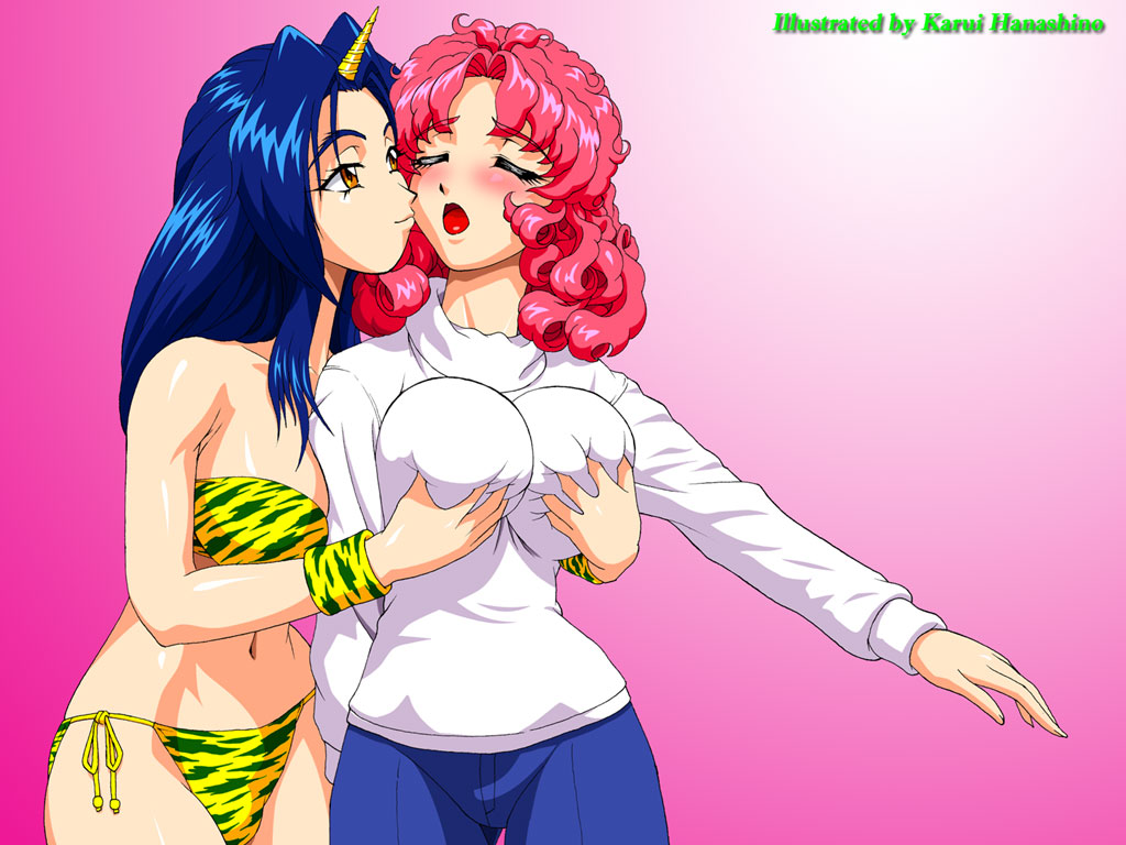 hanashino karui, original, 2girls, animal print, bikini, blue hair, breasts, closed eyes, curly hair, demon girl, from behind, grabbing another's breast, groping, imminent kiss, large breasts, long hair, medium breasts, moaning, multiple girls, naughty face, oni, open mouth, panties, pants, pink hair, side-tie bikini bottom, side-tie panties, strapless, strapless bikini, sweater, swimsuit, tiger print, underwear, wristband, yellow eyes, yuri