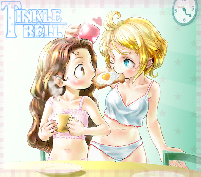 tinkle bell, 2girls, ahoge, artist name, blonde hair, blue eyes, bread slice, brown eyes, brown hair, camisole, clock, crop top, cup, egg, egg (food), food, food in mouth, fried egg, fried egg on toast, heart, light rays, lingerie, loli, long hair, looking at another, midriff, mouth hold, mug, multiple girls, navel, object on head, one eye closed, panties, short hair, steam, sunbeam, sunlight, thigh gap, thighs, toast, toast in mouth, underwear, white panties, wink, yuri