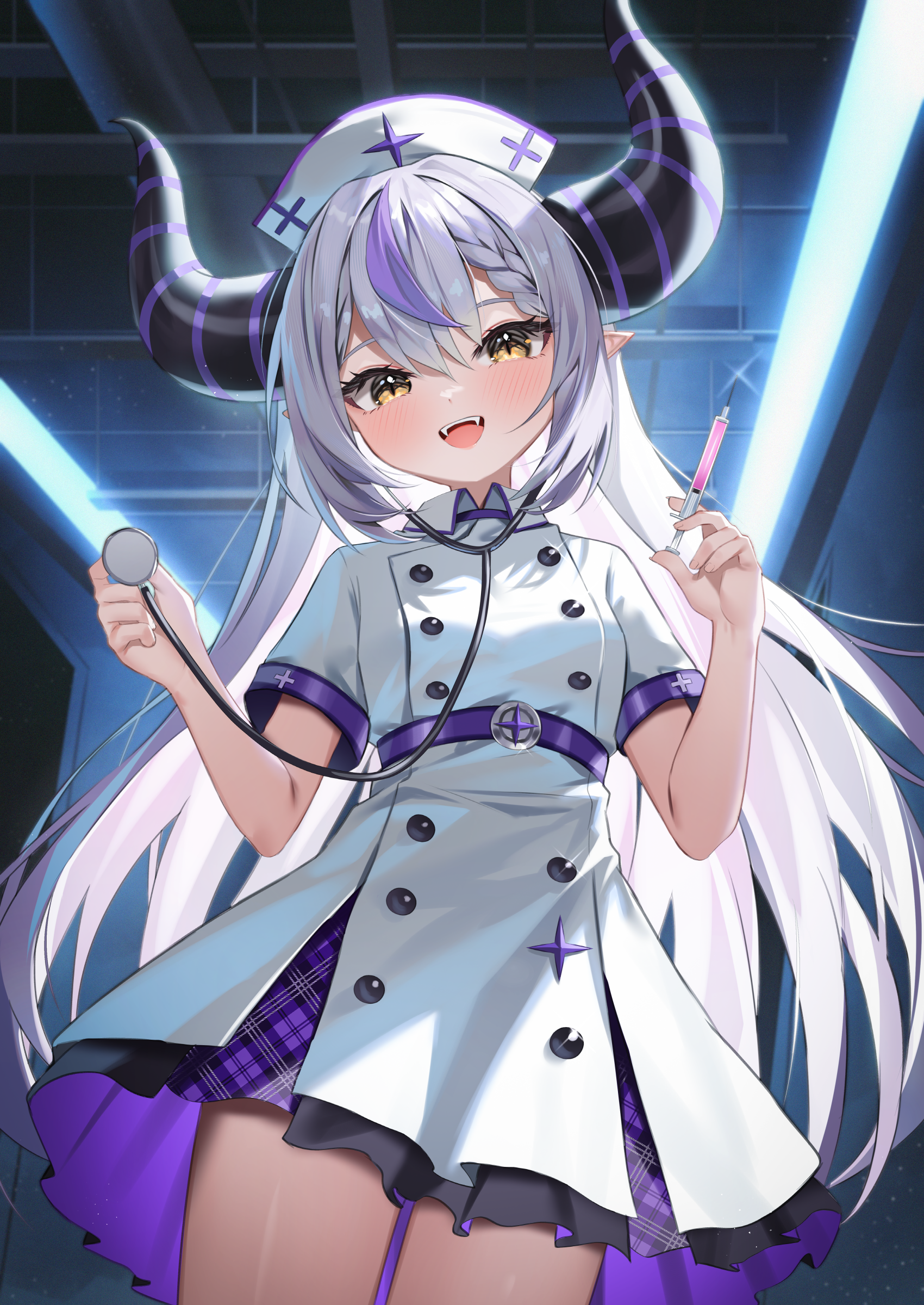 shuvi (shuvi1125), la+ darknesss, hololive, absurdres, highres, 1girl, alternate costume, black horns, collared dress, demon girl, demon horns, dress, hat, holding, holding stethoscope, holding syringe, horns, long hair, looking at viewer, multicolored hair, nurse, nurse cap, open mouth, pointy ears, purple hair, short sleeves, slit pupils, solo, standing, stethoscope, streaked hair, striped horns, syringe, virtual youtuber, white dress, white hair, yellow eyes