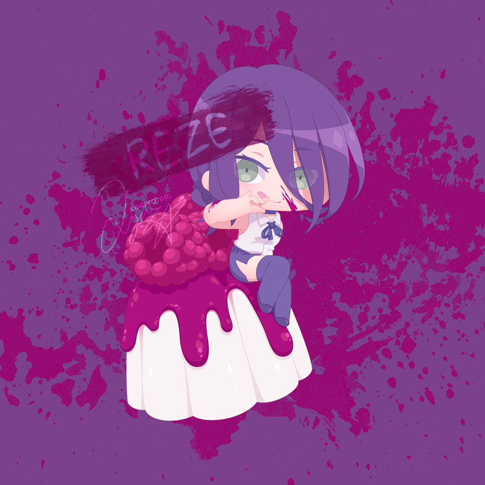 kinokorin, reze (chainsaw man), chainsaw man, commentary request, 1girl, black skirt, black thighhighs, blood, blood on arm, blood on face, character name, chibi, chibi only, food, full body, jam, licking lips, looking at viewer, on food, pudding, purple background, purple hair, shirt, side slit, skirt, sleeveless, sleeveless shirt, solo, splatter, thighhighs, tongue, tongue out, white shirt