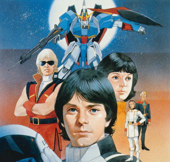yamazaki masao, carrie fisher, char aznable, fa yuiry, harrison ford, jerid messa, kamille bidan, luke skywalker, mark hamill, paptimus scirocco, quattro bajeena, gundam, star wars, zeta gundam, pilot suit, 1980s (style), 1girl, 4boys, album cover, cover, epic, gloves, helmet, mecha, mecha pilot suit, military, military uniform, multiple boys, normal suit (gundam), oldschool, parody, realistic, retro artstyle, robot, spacesuit, star (symbol)